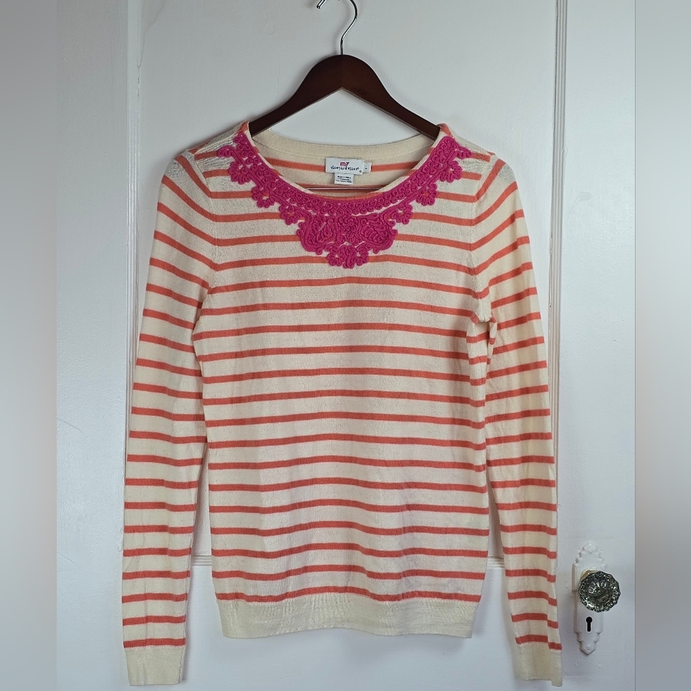 Vineyard Vines Pink And Ivory Striped Fitted Merino Wool Sweater L